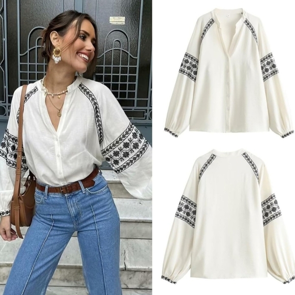 Commense Tops - Commense White Blouse with Black Embroidery